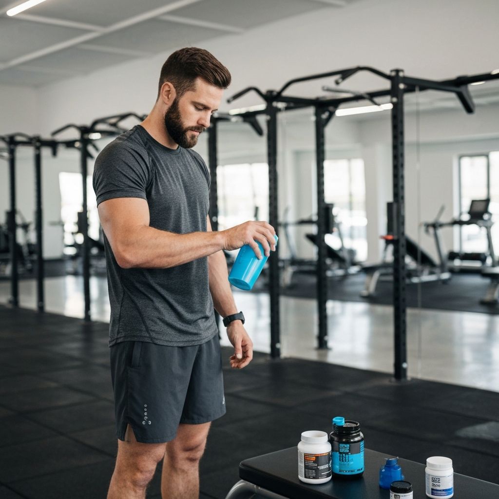 Mann mit Protein-Shake im modernen Fitnessstudio